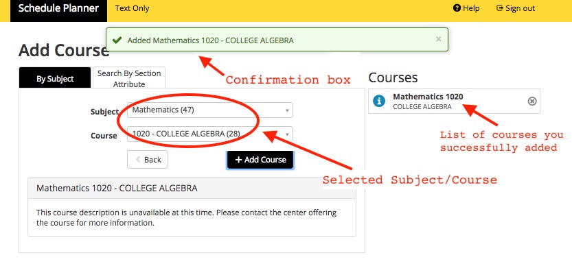 Screenshot of Schedule Planner highlighting what happens when you add a course